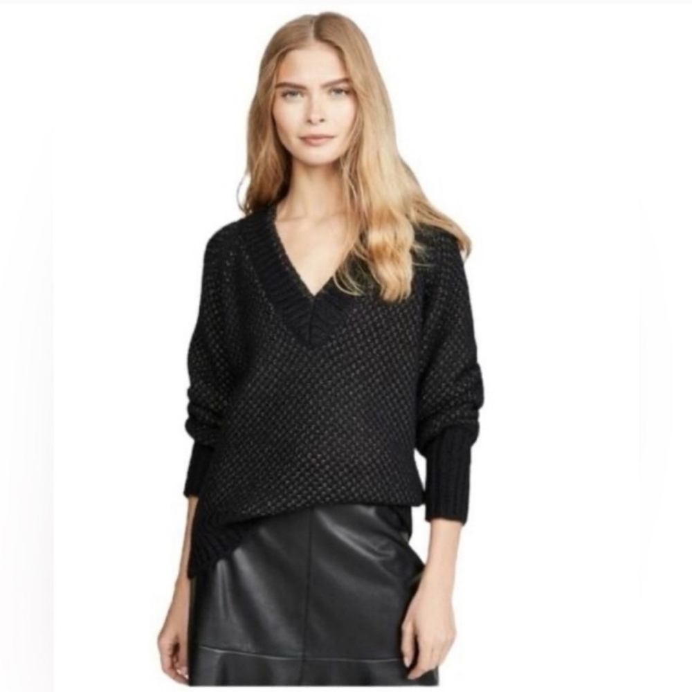 Veronica Beard Mirnie Metallic Women's Black V-Neck Sweater Wool Blend